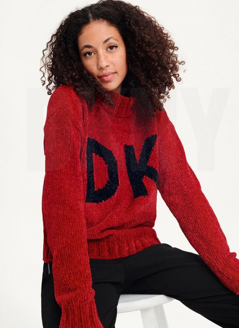 Πουλόβερ DKNY Χοντρός Chenille Logo γυναικεια κοκκινα | Greece_D0243