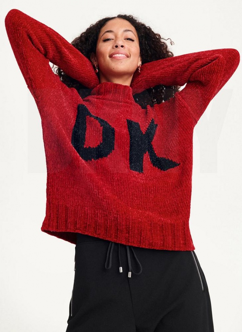 Πουλόβερ DKNY Χοντρός Chenille Logo γυναικεια κοκκινα | Greece_D0243