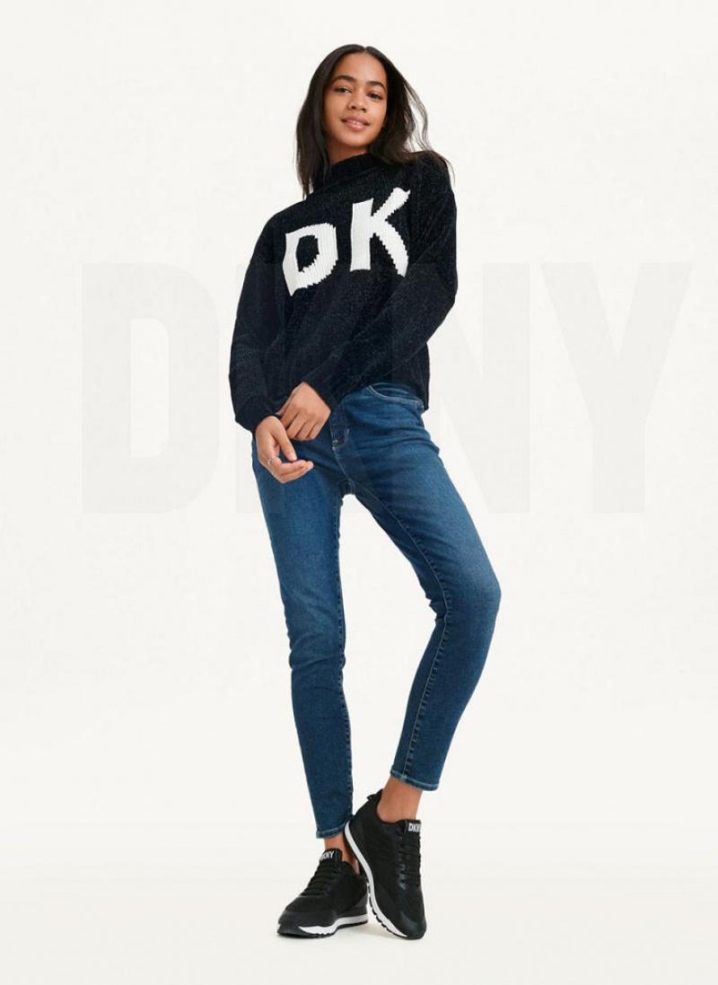 Πουλόβερ DKNY Χοντρός Chenille Logo γυναικεια μαυρα ασπρα | Greece_D1814