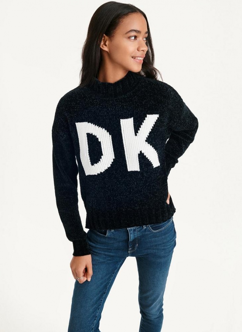 Πουλόβερ DKNY Χοντρός Chenille Logo γυναικεια μαυρα ασπρα | Greece_D1814