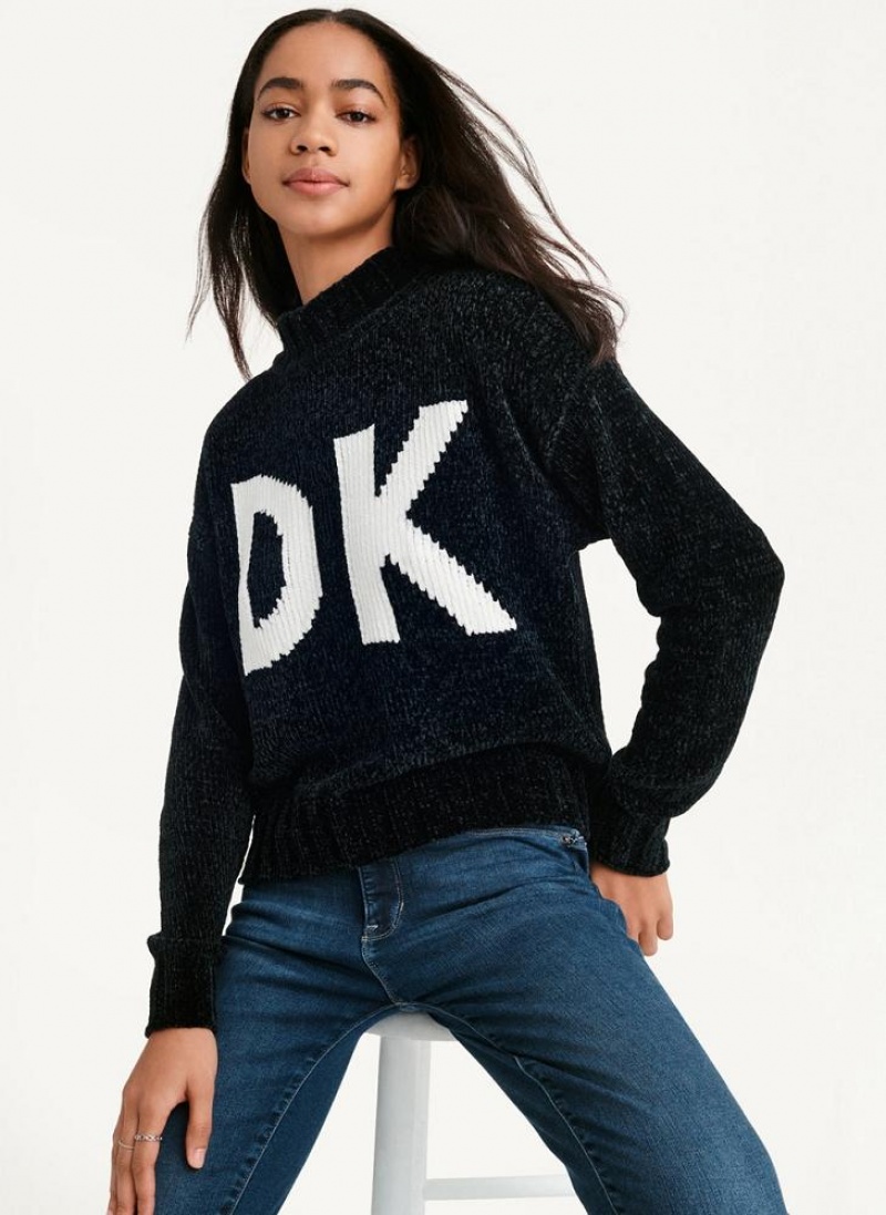 Πουλόβερ DKNY Χοντρός Chenille Logo γυναικεια μαυρα ασπρα | Greece_D1814