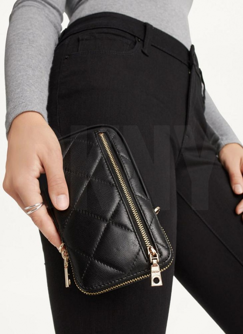 πορτοφολια DKNY Καπιτονέ Phone Crossbody γυναικεια μαυρα χρυσο χρωμα | Greece_D0194