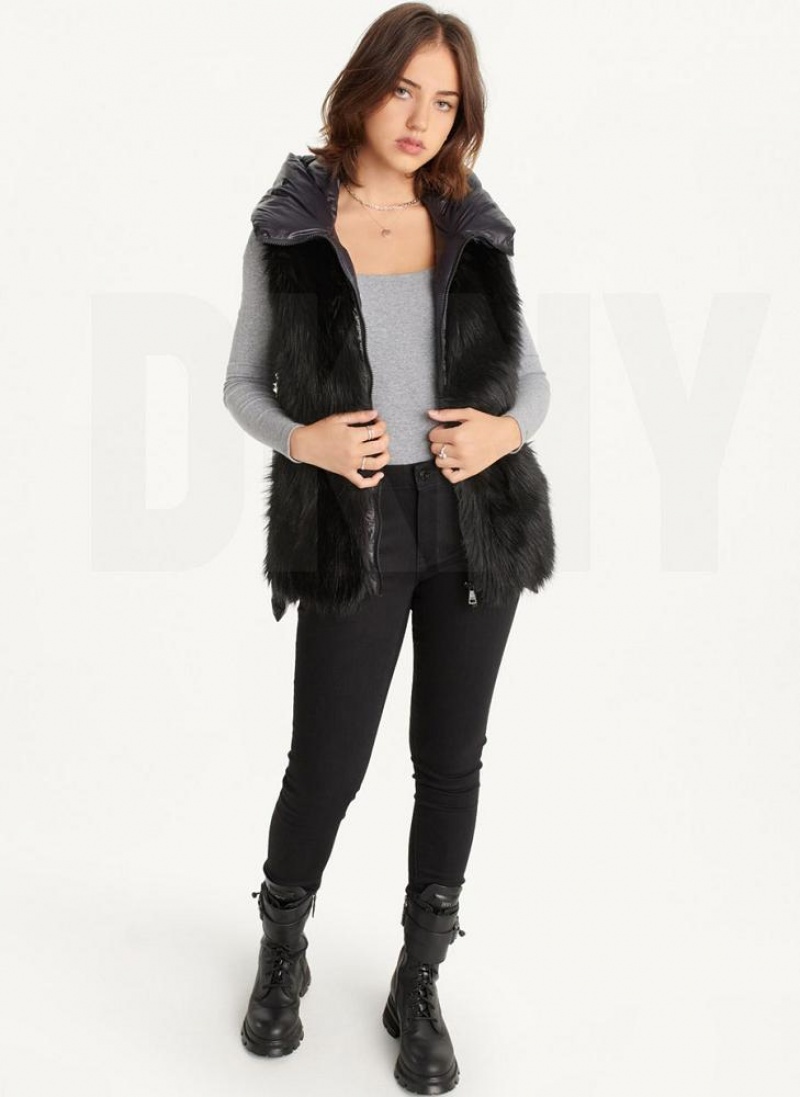 παλτό DKNY Κουκουλοφόρος Puffer Vest With Faux Fur Front γυναικεια μαυρα | Greece_D1502