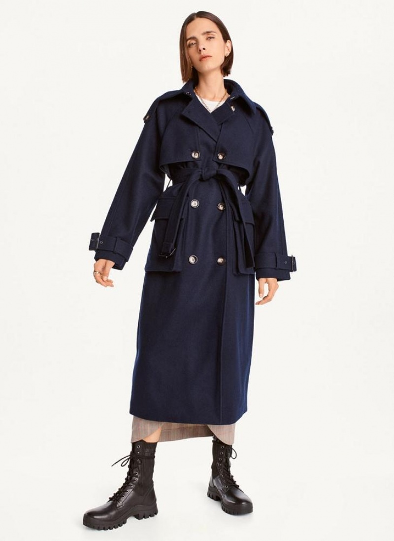 παλτό DKNY Μαλλί Trench With Belt γυναικεια σκουρο μπλε | Greece_D0656