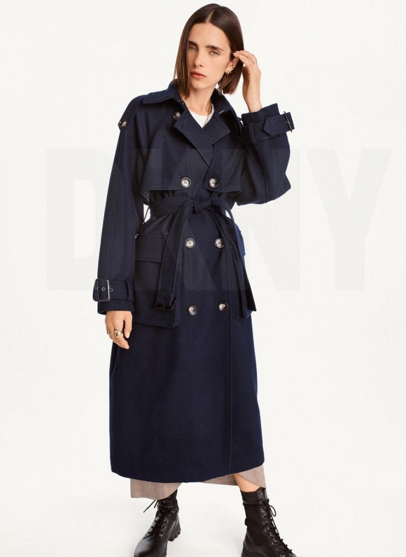 παλτό DKNY Μαλλί Trench With Belt γυναικεια σκουρο μπλε | Greece_D0656