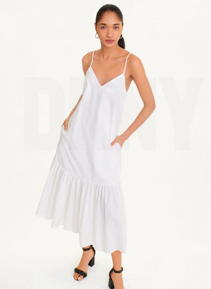 Φορεμα DKNY αμανικα V-Neck Poplin γυναικεια ασπρα | Greece_D1617