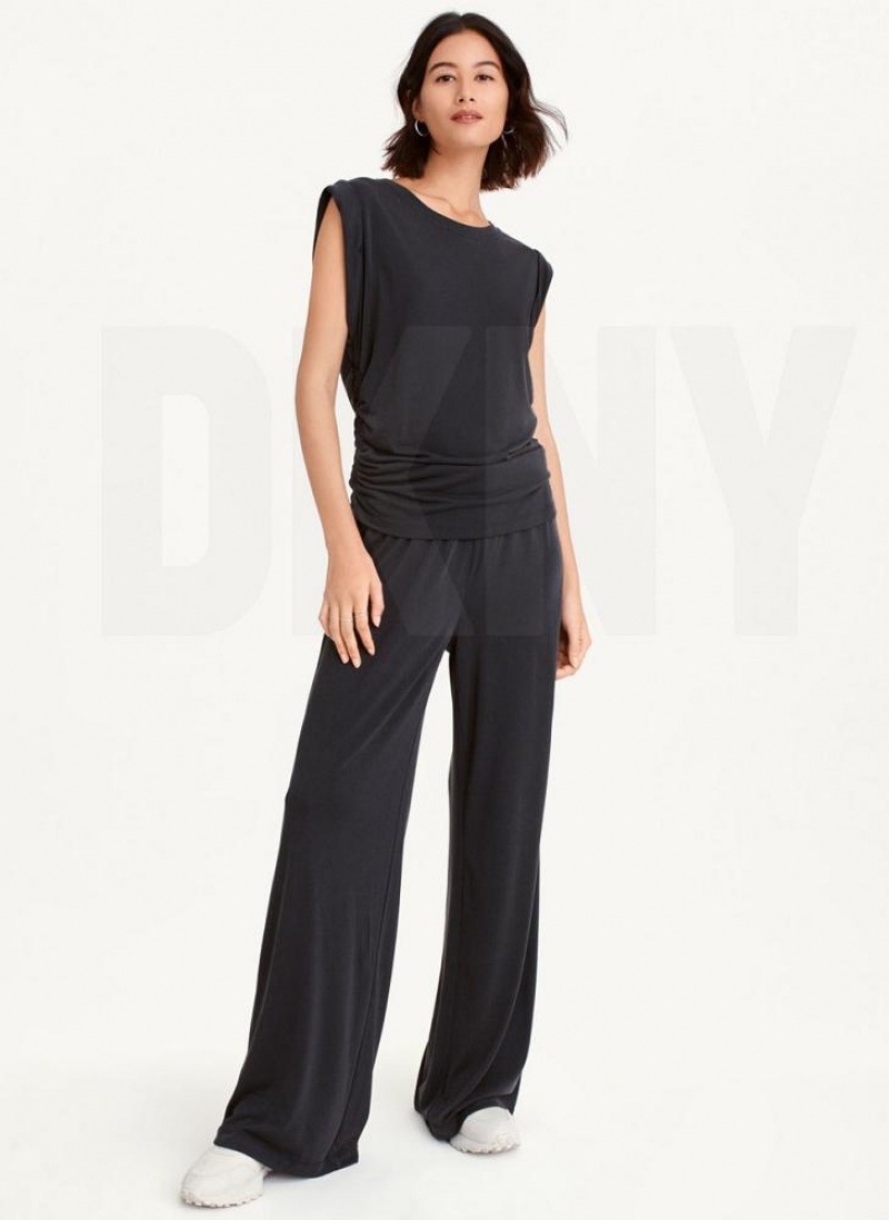 Μπλουζακια Αμανικα DKNY Flange Sleeve With Side Ruching γυναικεια μαυρα | Greece_D1768