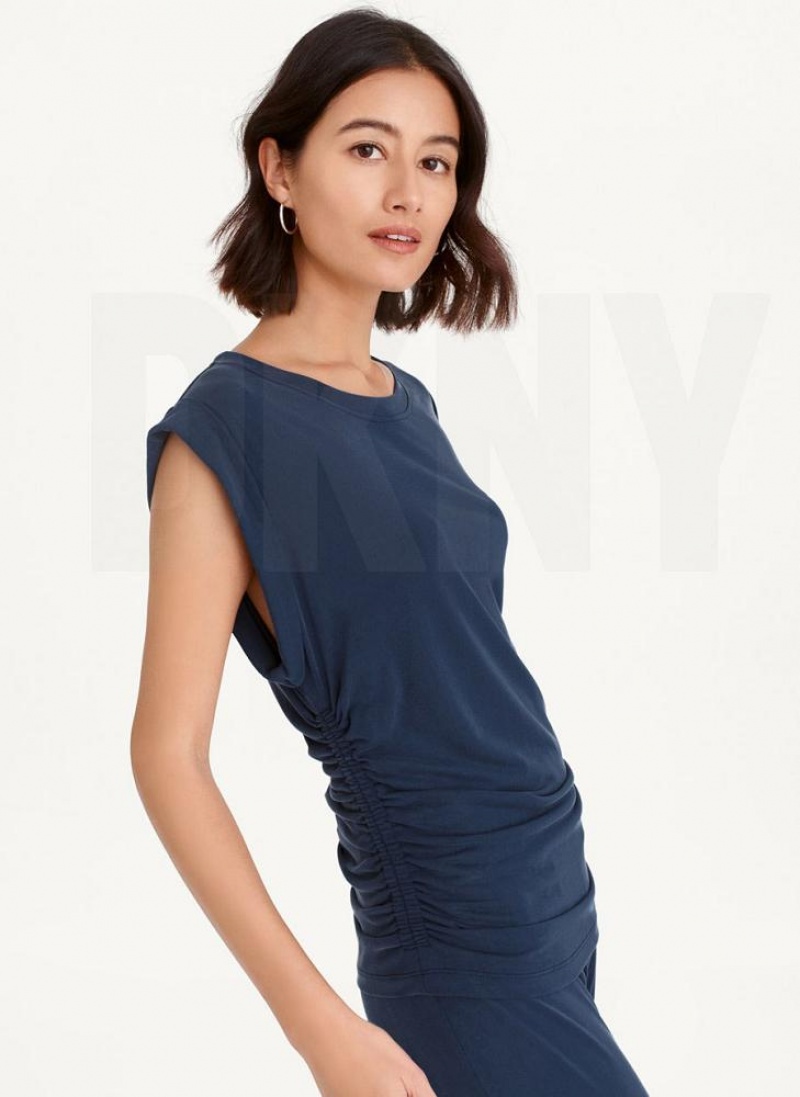 Μπλουζακια Αμανικα DKNY Flange Sleeve With Side Ruching γυναικεια σκουρο μπλε | Greece_D1441