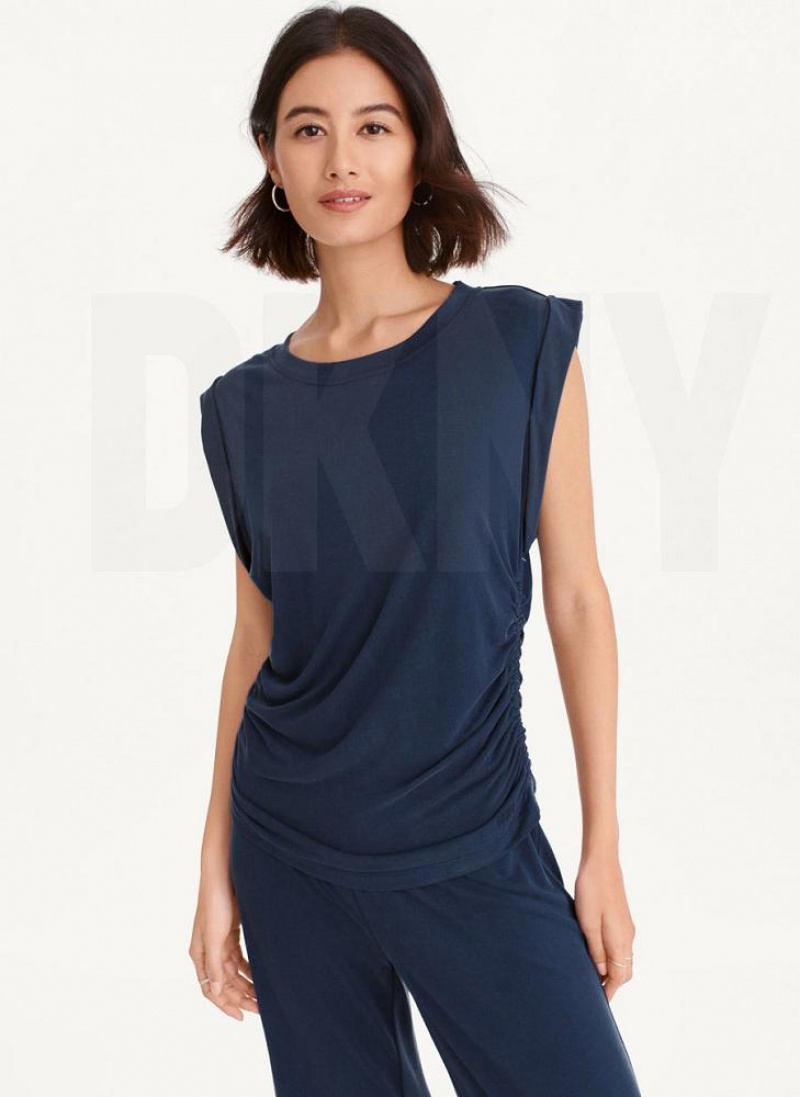 Μπλουζακια Αμανικα DKNY Flange Sleeve With Side Ruching γυναικεια σκουρο μπλε | Greece_D1441