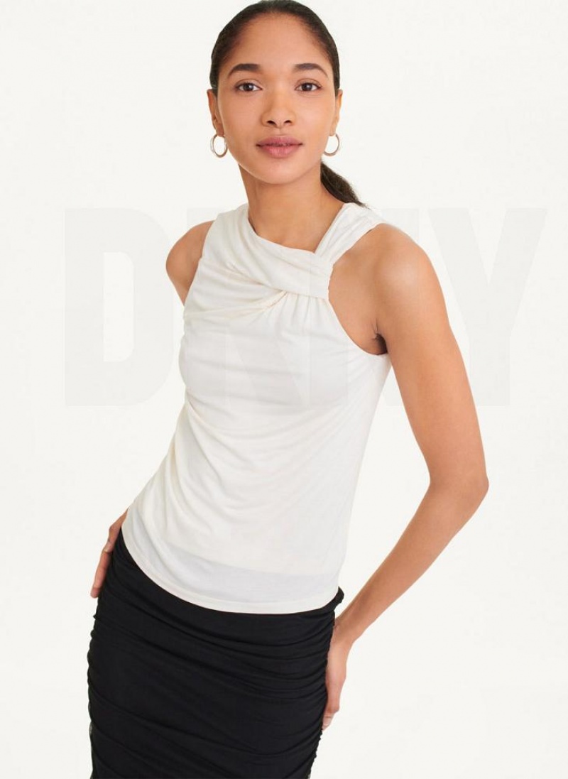 Μπλουζακια Αμανικα DKNY Gathered Knit γυναικεια ασπρα | Greece_D0245