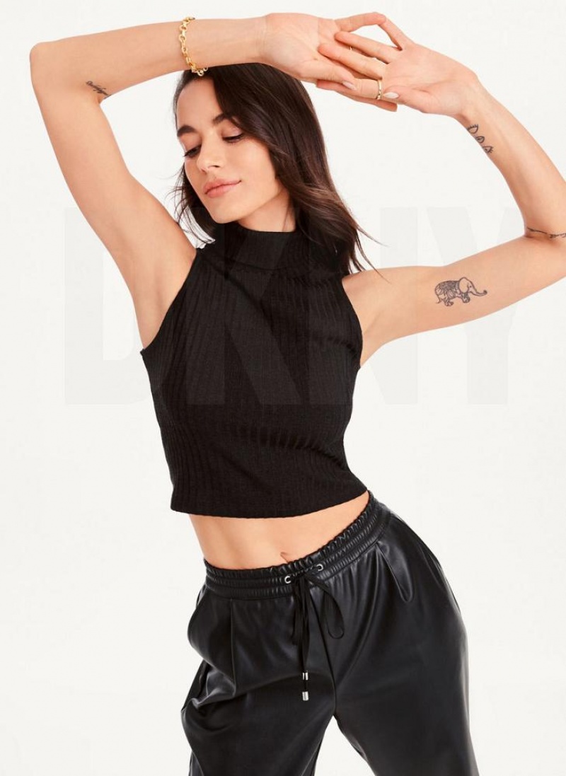 Μπλουζακια Αμανικα DKNY Mock Neck Crop γυναικεια μαυρα | Greece_D0172