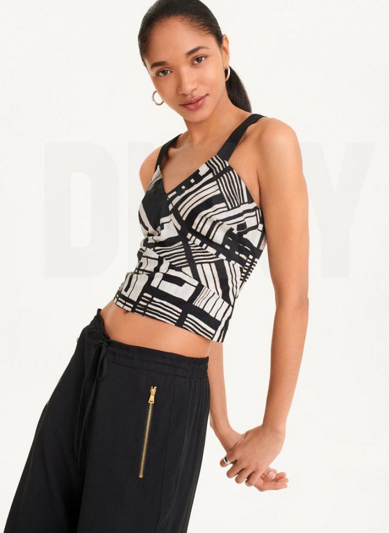 Μπλουζακια Αμανικα DKNY Printed Voile Crop γυναικεια μαυρα Πολύχρωμο | Greece_D0382