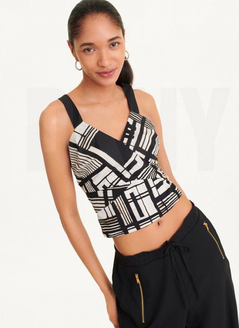 Μπλουζακια Αμανικα DKNY Printed Voile Crop γυναικεια μαυρα Πολύχρωμο | Greece_D0382