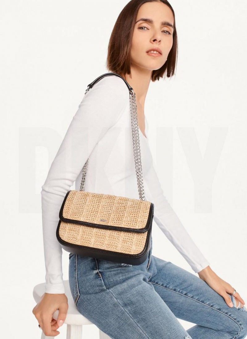 τσάντεσ ώμου DKNY Sina Basketweave Flap γυναικεια Μπεζ μαυρα | Greece_D1520