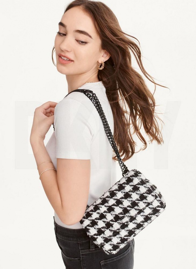 τσάντεσ ώμου DKNY Sina Houndstooth Flap γυναικεια μαυρα ασπρα | Greece_D0968