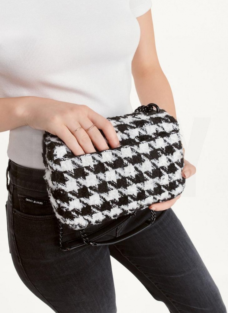 τσάντεσ ώμου DKNY Sina Houndstooth Flap γυναικεια μαυρα ασπρα | Greece_D0968