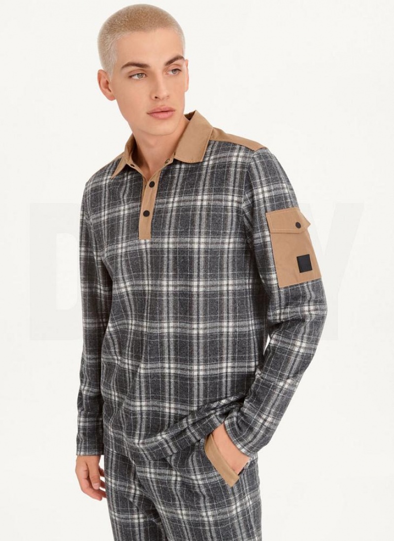 μπλουζακια πολο DKNY νάιλον Trim Long-Sleeve Plaid ανδρικα Πολύχρωμο | Greece_D1783