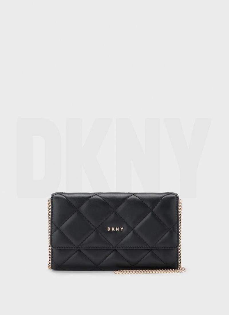 τσάντεσ χιαστί DKNY Καπιτονέ Wallet On A Chain γυναικεια μαυρα χρυσο χρωμα | Greece_D0722